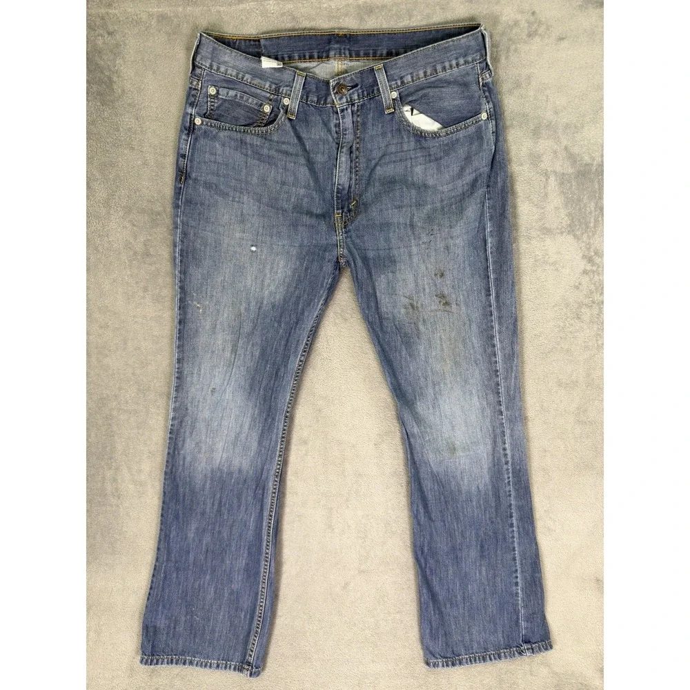 Levis‎ 527 Jeans Mens 36x32 Blue Medium Wash Distressed Denim Low Bootcut Cowboy